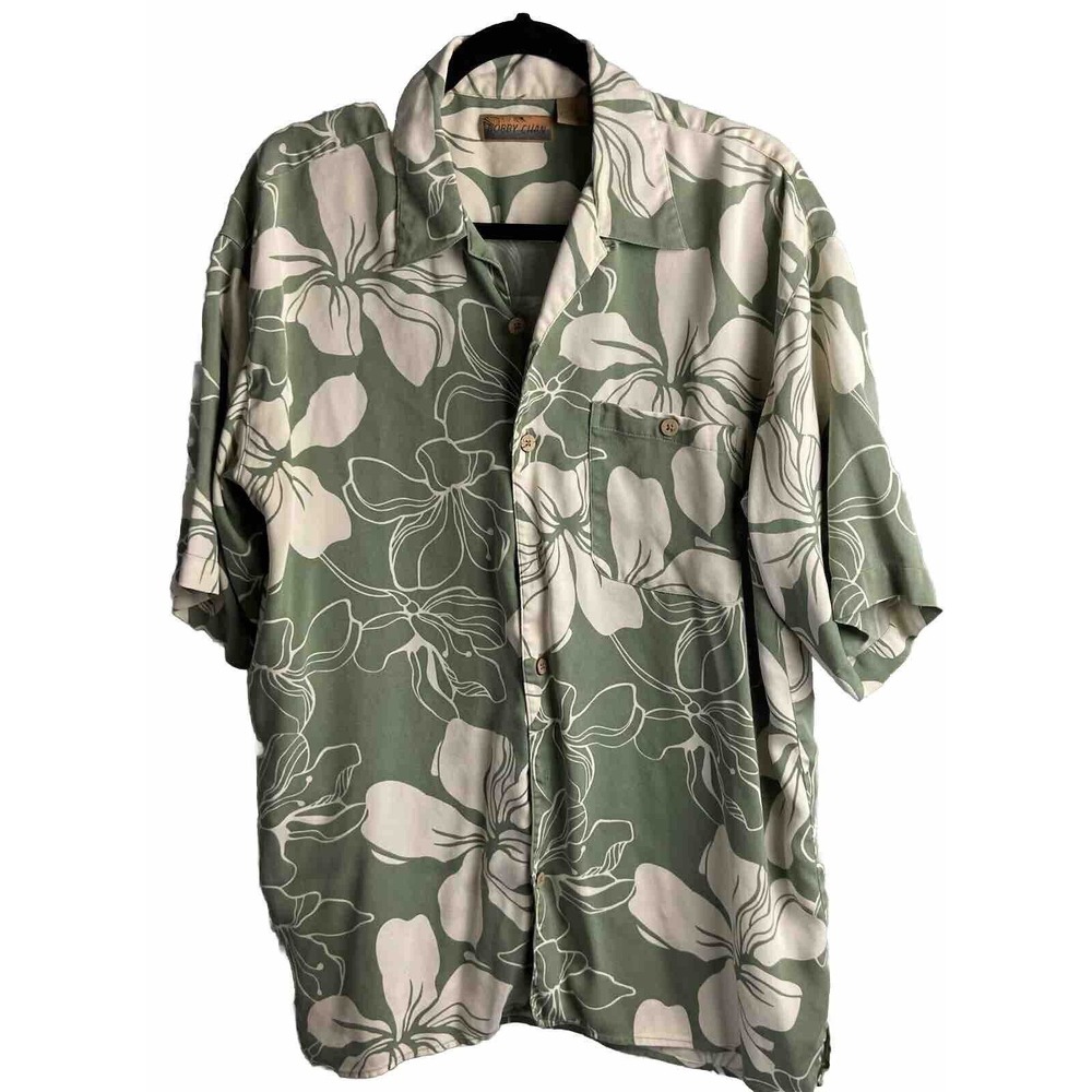 Bobby Chan 100% Silk Short Sleeve Button Up Hawaiian Shirt Men's Large Green